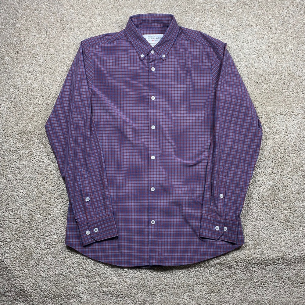 Mizzen+Main Leeward Trim Fit‎ Dress Shirt Mens Large Burgundy Blue Check Stretch